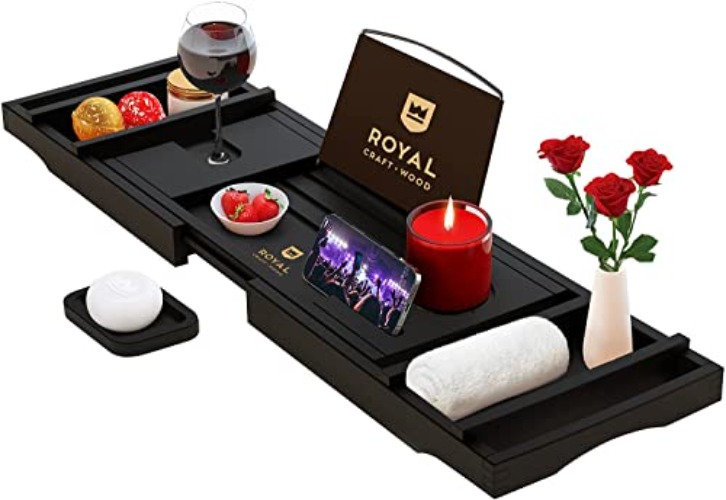 ROYAL CRAFT WOOD Luxury Bathtub Caddy Tray, 1 or 2 Person Bath and Bed Tub Table with Extending Sides, Adjustable Organizer Tray for Bathroom - Free Soap Dish (Black) - Black (Classic)
