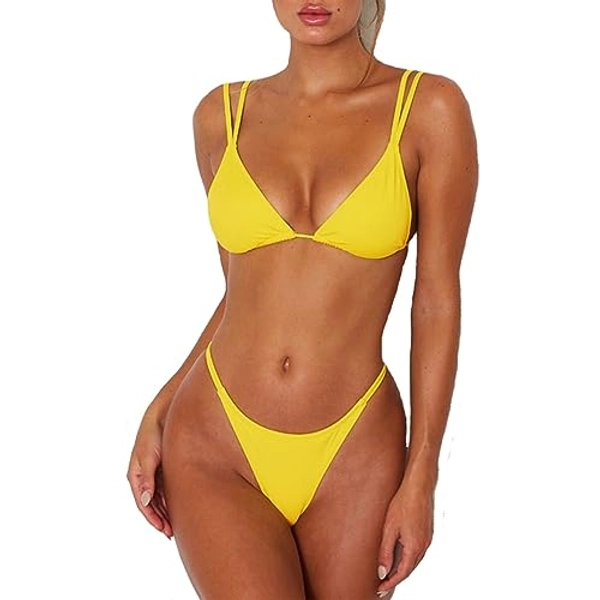ForBeautyShe Women's Sexy Thong Bottom Two Piece Bikini Double Shoulder Straps Cute Swimsuit Triangle Bathing
