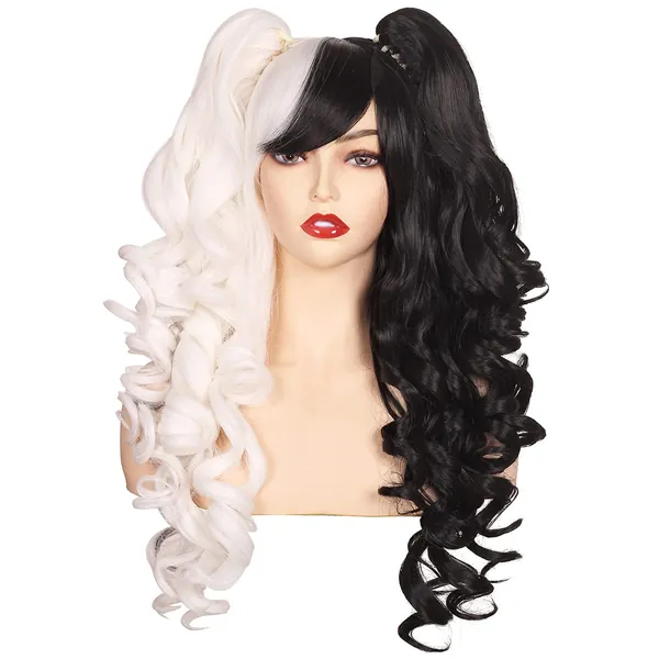 ColorGround Long Curly Cosplay Wig with 2 Ponytails (Half Black Half White) - Half Black Half White