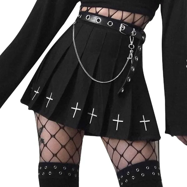 Womens Harajuku Gothic Mini Skirts Goth Pleated Skirts Punk Dark Academia Aesthetic A-Line Skirt Y2K Streetwear - A - Pleated Cross Black Small