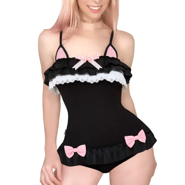 Littleforbig Cotton Fancy Kitty Romper Onesie Pajamas Teddy Lingerie One Piece Babydoll Bodysuit - Black X-Small
