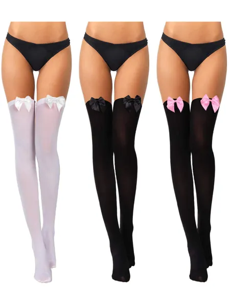 3 Pairs Women Bow Lace Thigh High Stockings Over The Knee Socks for Halloween Valentine's Day Dress Daily Favors - Black With Black Bow, Black With Pink Bow, White With White Bow Medium
