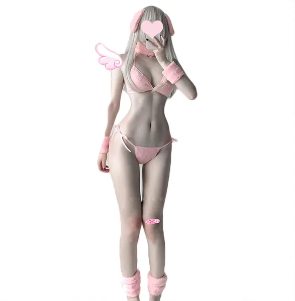 Sexy Bunny Cosplay Lingerie Costume Set Kawaii Anime Micro Bikini Pink Furry Bra and Panty Japanese Lolita Underwear - 