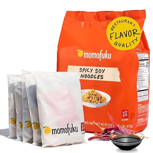 Momofuku Spicy Soy Ramen Noodles by David Chang, 5 Count (Pack of 1) Air-Dried Vegan Instant Noodles with Sauce - Spicy Soy - 16.7 Ounce (Pack of 1)