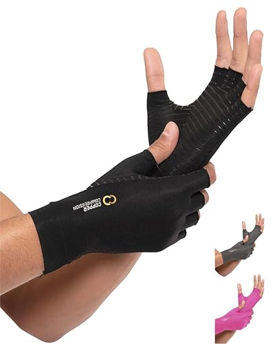 Copper Compression Arthritis Gloves | Fingerless Arthritis Carpal Tunnel Pain Relief Gloves For Men & Women | Hand Support Wrist Brace For Rheumatoid, Tendonitis, Swelling, Crocheting, Typing (M) - Black - Medium (1 Pair)