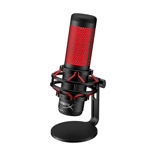 HyperX QuadCast - USB Condenser Gaming Microphone, for PC, PS4, PS5 and Mac, Anti-Vibration Shock Mount, Four Polar Patterns, Pop Filter, Gain Control, Podcasts, Twitch, YouTube, Discord, Red LED - QuadCast