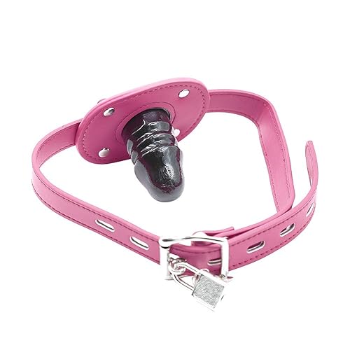Lockable Dildo Mouth Gag Bondage Adjustable Leather Strap On with Lock SM Realistic Penis Gag Romi - Pink - Short