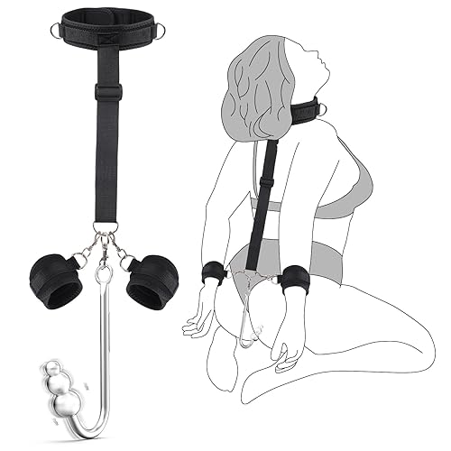 Vibrating Anal Hook BDSM Sex Bondage - Neck to Wrist Restraints Kit, Sex Toys for Couple Adjustable Behind Back Handcuffs Bondage Restraints Set, Bed SM Adult Sex Game Play, Sex Toys for Beginner - Black
