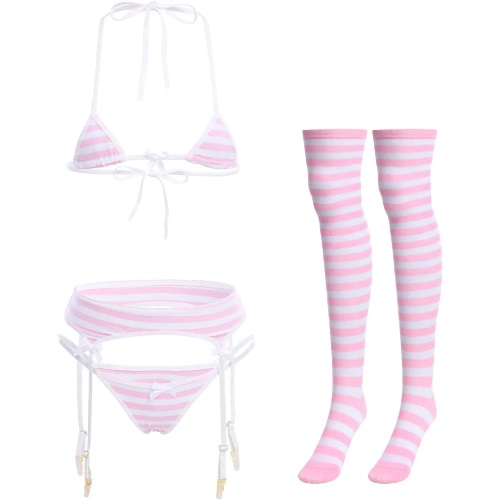 Striped Anime Micro Bikini Sets - Pink Micro w/ Garter