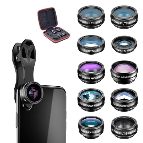 Apexel 10 in 1 Phone Camera Lens Kit Wide Angle/Macro/Fisheye/Telephoto/CPL/Flow/Radial/Star Filter/Kaleidoscope Lens for iPhone and Most Phone - Black