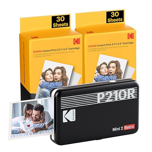 KODAK Mini 2 Retro 4PASS Portable Photo Printer (2.1x3.4 inches) Initial 8 Sheets + 60 Sheets Bundle, Black - 2x3 Printer + 68 Sheets - Black
