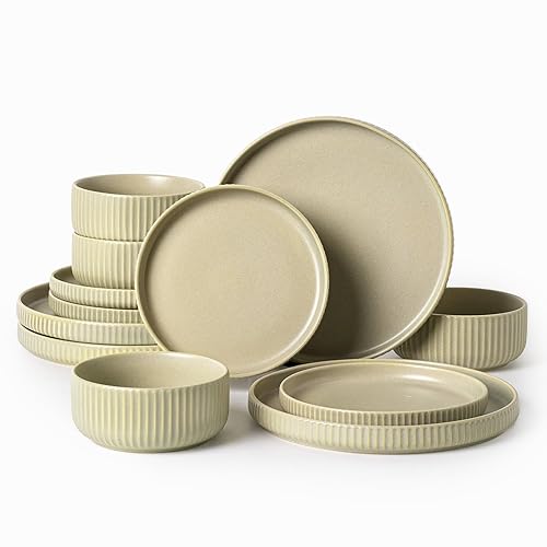 FOBENTA Plates and Bowls Sets,Dylan Porcelain Dinnerware Sets for 4,Round Ceramic Dinnerware Sets,12 Piece Scratch Resistance Dishes,Microwave & Dishware Safe Stoneware Kitchen Green Dishes - Set(12pcs) - Matte Reactive Glaze-Sage Green