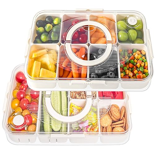 Luxear Snackbox mit 14 Fächern, 2 Set Snackteller mit Deckel und Griff, Snackschale Kinder, Snackdose Organizer für Snacks Süßigkeiten Nüsse Obst Gewürze, für Party Picknick Trips, Spülmaschinenfest - 2 Set