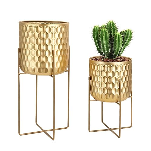 TRIROCKS Set Aus 2 Metall Pflanzenständer 31cm & 45cm Blumenständer Moderne Pflanzenhalter Für Blumentöpfe Innen Außen Wohnzimmer Garten Balkon Terrasse Dekor (Gold) - Gold