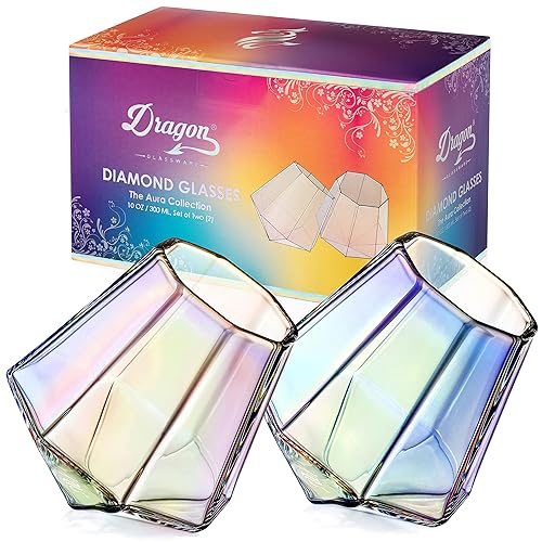 Dragon Glassware Whiskey Glasses - 10 oz Iridescent Diamond Shaped Whiskey Glasses Set of 2 - Wine and Bourbon Barware That Naturally Aerates - Unique Drinkware - 2 Count (Pack of 1) - Iridescent