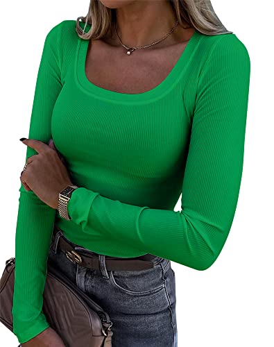 Roselux Womens Long Sleeve Scoop Neck Ribbed Knit Fitted Casual Tops Tee Slim Basic Shirts - Medium - Green