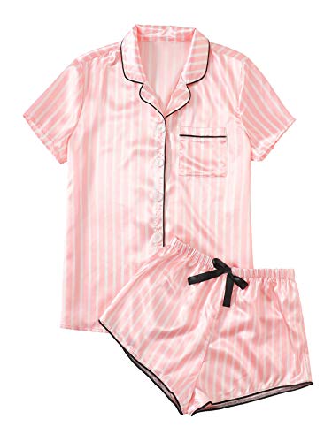 WDIRARA Women's Satin Sleepwear Short Sleeve Button Shirt and Shorts Pajama Set Silky PJ - Medium - Pink