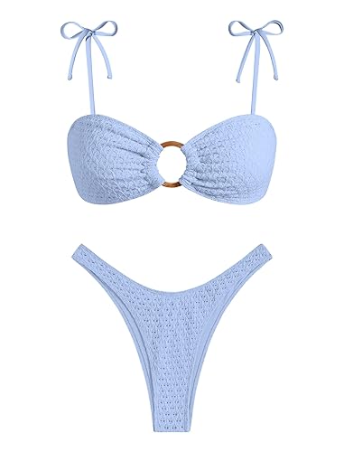 ZAFUL Women's Sexy Tie Spaghetti Strap Bikini Textured O Ring Ruched High Leg Swimsuit Cheeky Bathing Suits - Medium - 3-light Blue