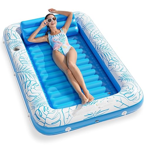 Inflatable Tanning Pool Lounger Float - Jasonwell 4 in 1 Sun Tan Tub Sunbathing Pool Lounge Raft Floatie Toys Water Filled Bed Mat Pad for Adult Blow Up Kiddie Pool Kids Ball Pit Pool (L) - Large - blue