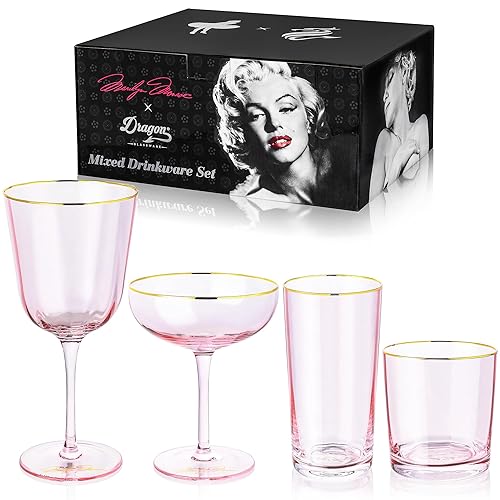 Dragon Glassware x Marilyn Monroe Pink Drinkware Set of 4 - Includes Wine, Martini, Whiskey & Drinking Glasses - Marilyn Monroe Gifts for Women - Pink Glassware Set
