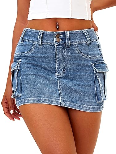 ELLEVEN High Stretchy Cargo Skirt for Women, Low Waist Y2k Mini Skirt Cute Denim Skirt with Pockets - Small - A-denim Blue