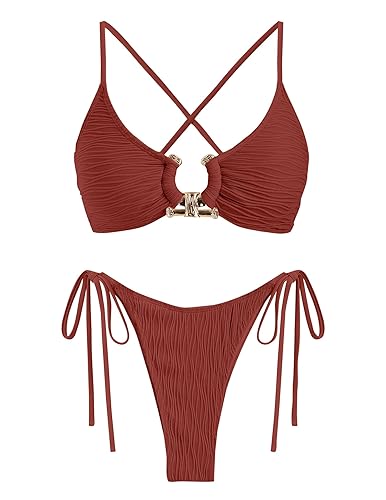 ZAFUL Women's Bikini Sets Ribbed Metal O Ring Criss Cross Two Piece Swimsuit Cheeky High Cut Side Tie Thong Bathing Suit - Medium - Rust