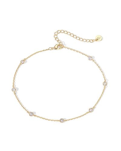 PAVOI 14K Gold Plated Charm Link Chain Anklets for Women | Dainty Cubic Zirconia Boho Dot Evil Eye Star Station Solitaire Pearl Beaded Festival Adjustable Gold Anklets - Station - Yellow Gold