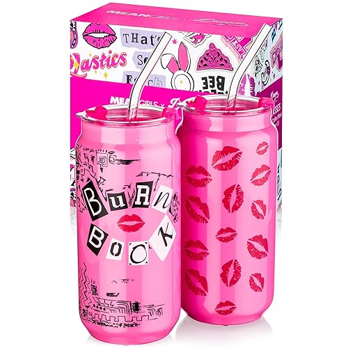 Dragon Glassware x Mean Girls Burn Book Drinking Glasses - 20 oz Glass Cups with Lids and Straws Set of 2 - Pink Mean Girls Cups - Reusable Sipper Tumbler with Straw and Lid - 2 Count (Pack of 1) - Mean Girls - Burn Book