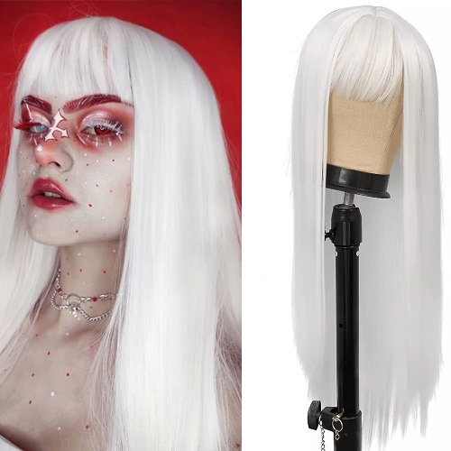 Netgo White Wig with Bangs, Long Straight White Wig for Women, 27 Inch Heat Resistant Synthetic Womens Hair Wigs for Cosplay Party Halloween - White