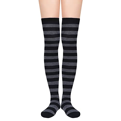 Zando Womens Over Knee Thigh High Socks Novelty Striped Knee High Socks Cute Knee High Stockings Striped Socks Cosplay - One Size Grey Black