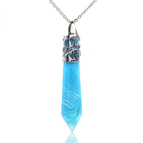 Justinstones Gemstone Hexagonal Pointed Reiki Chakra Pendant Necklace 20" / Sky Blue Brazilian Agate