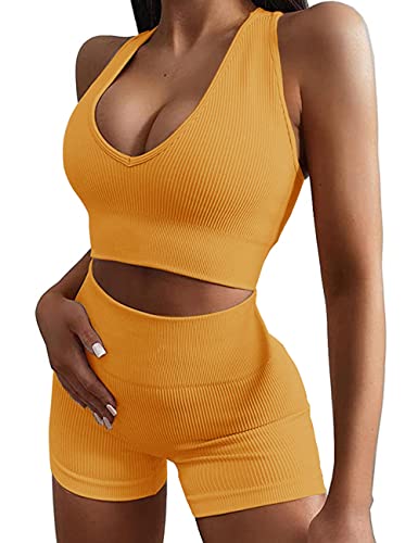 Micoson Womens Seamless Workout Sets Two Piece Exercise Outfits Ribbed Racerback Activewear Sets - 1-yellow - Medium