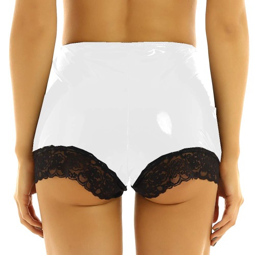 Fetish Queen 12 Colors Wet Look Hot Pants Women Lace Edge Patchwork Mini Shorts - White Small