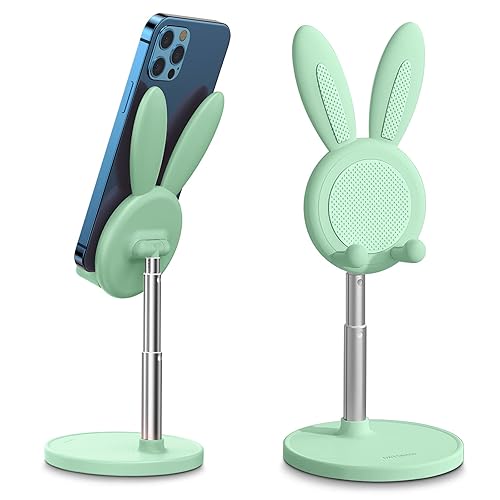 OATSBASF Cute Cell Phone Stand, Adjustable Bunny Phone Stand for Desk, Thick Case Friendly Holder Compatible with iPhone, Kindle, iPad, Switch, All Phones (Green) - Green