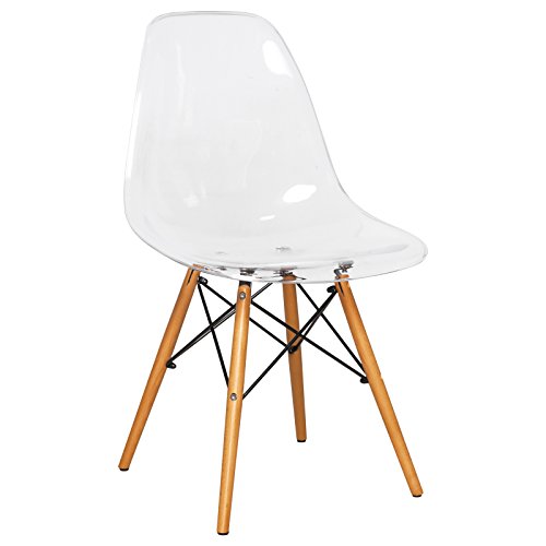 LeisureMod Dover Plastic Molded Dining Side Chair with Wood Dowel Legs (Clear) - Clear