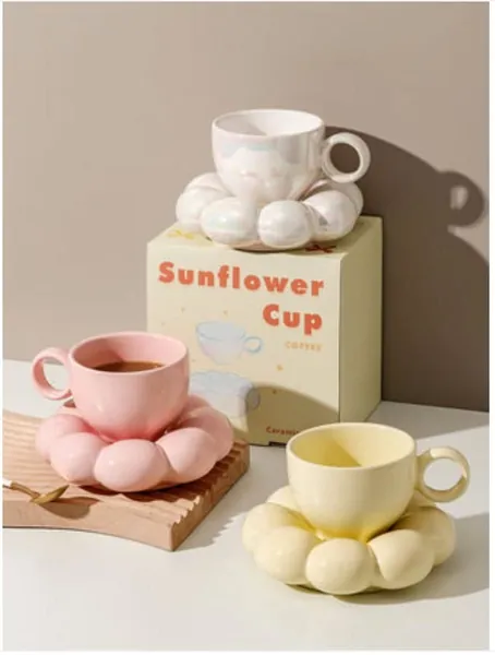 Cute Kawaii Ceramic Coffee Mug and Saucer Set Aesthetic