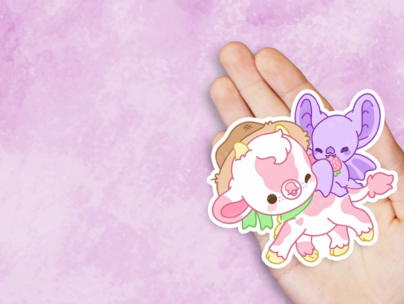 Shortcake Strawberry Cow Bright Bat - Cute Kawaii Vinyl Sticker | Laptop Sticker |  Water bottle Sticker | Waterproof Sticker Decal | Gift