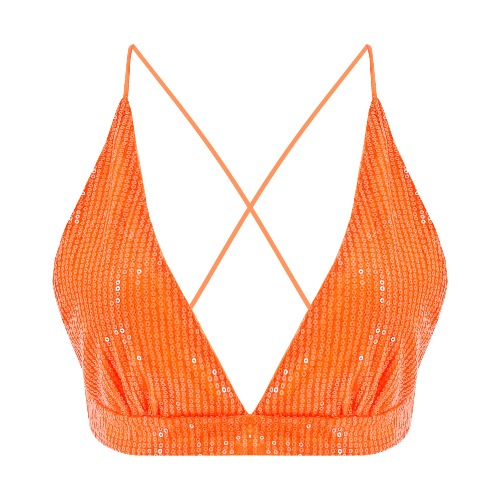 Vimoisa Women Reflective Metallic Tank Top Bustier Spaghetti Strap Crop Top Tight Sleeveless Tube Top Vest Blouse - Orange Bikini Top Large