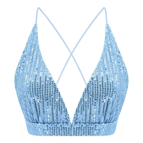Vimoisa Women Reflective Metallic Tank Top Bustier Spaghetti Strap Crop Top Tight Sleeveless Tube Top Vest Blouse - Blue Bikini Top Large