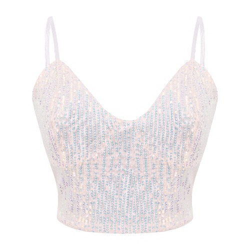 Vimoisa Women Reflective Metallic Tank Top Bustier Spaghetti Strap Crop Top Tight Sleeveless Tube Top Vest Blouse - Colorful White Sequin Large
