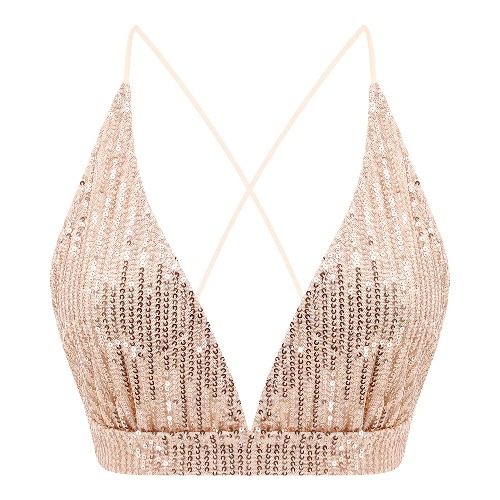 Vimoisa Women Reflective Metallic Tank Top Bustier Spaghetti Strap Crop Top Tight Sleeveless Tube Top Vest Blouse - Apricot Bikini Top Large