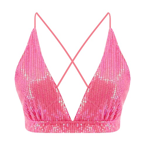 Vimoisa Women Reflective Metallic Tank Top Bustier Spaghetti Strap Crop Top Tight Sleeveless Tube Top Vest Blouse - Pink Bikini Top Large