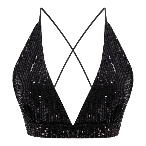 Vimoisa Women Reflective Metallic Tank Top Bustier Spaghetti Strap Crop Top Tight Sleeveless Tube Top Vest Blouse - Black Bikini Top Large