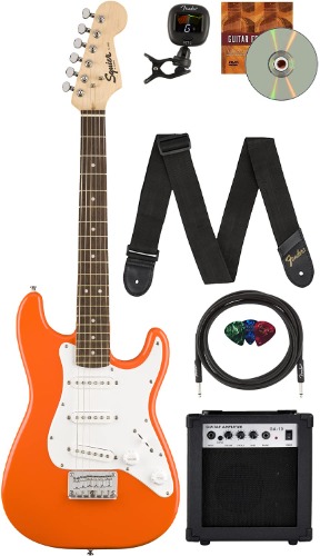Fender Squier 3/4 Size Kids Mini Strat Electric Guitar Learn-to-Play Bundle w/ Amp, Cable, Tuner, Strap, Picks, Fender Play Online Lessons, and Austin Bazaar Instructional DVD - Competition Orange - Bundle w/ Amplifier Competition Orange