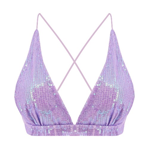 Vimoisa Women Reflective Metallic Tank Top Bustier Spaghetti Strap Crop Top Tight Sleeveless Tube Top Vest Blouse - Purple Bikini Top Large