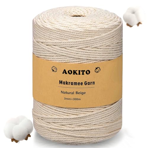 HOVIBU Filo Macramè, 3mm x 300m Corda Macramè in Cotone Premium Beige, Macrame Corda Morbido, Macramè Filo per Artigianato, Piante Sospese, Decorazioni Bohémien, Arazzi, Appendini per Piante