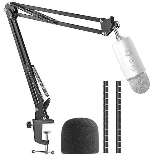 Blue Yeti Microphone Boom Arm Stand with Yeti Microphone Pop Filter, Compatible with Blue Yeti Mic, Blue Yeti X USB Microphone with Cable Sleeve by SUNMON - Blue Yeti Boom Arm with Foam Windscreen