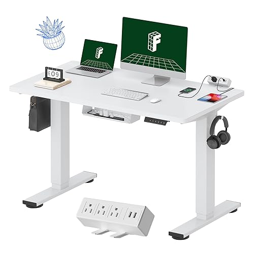Standing Desk with Clamp Power Strip, 48x24 Electric Stand Up Height Adjustable Desk with Cable Management (White Frame + 48" White Top) - 48x24" - White Top + White Frame