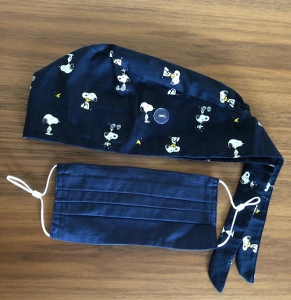 Unisex Snoopy Surgical Scrub Cap Hat with Buttons and Face Mask, Navy Blue Scrub Cap with Buttons Ear Saver, Navy Surgical Hat Ship From USA