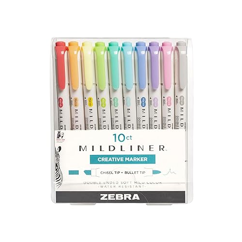 Zebra Mildliner Double Ended Highlighter, Assorted Ink Colors, Bold-Chisel/fine-Bullet Tips, Assorted Barrel Colors, 10/set - Fluorescent and Cool - 10